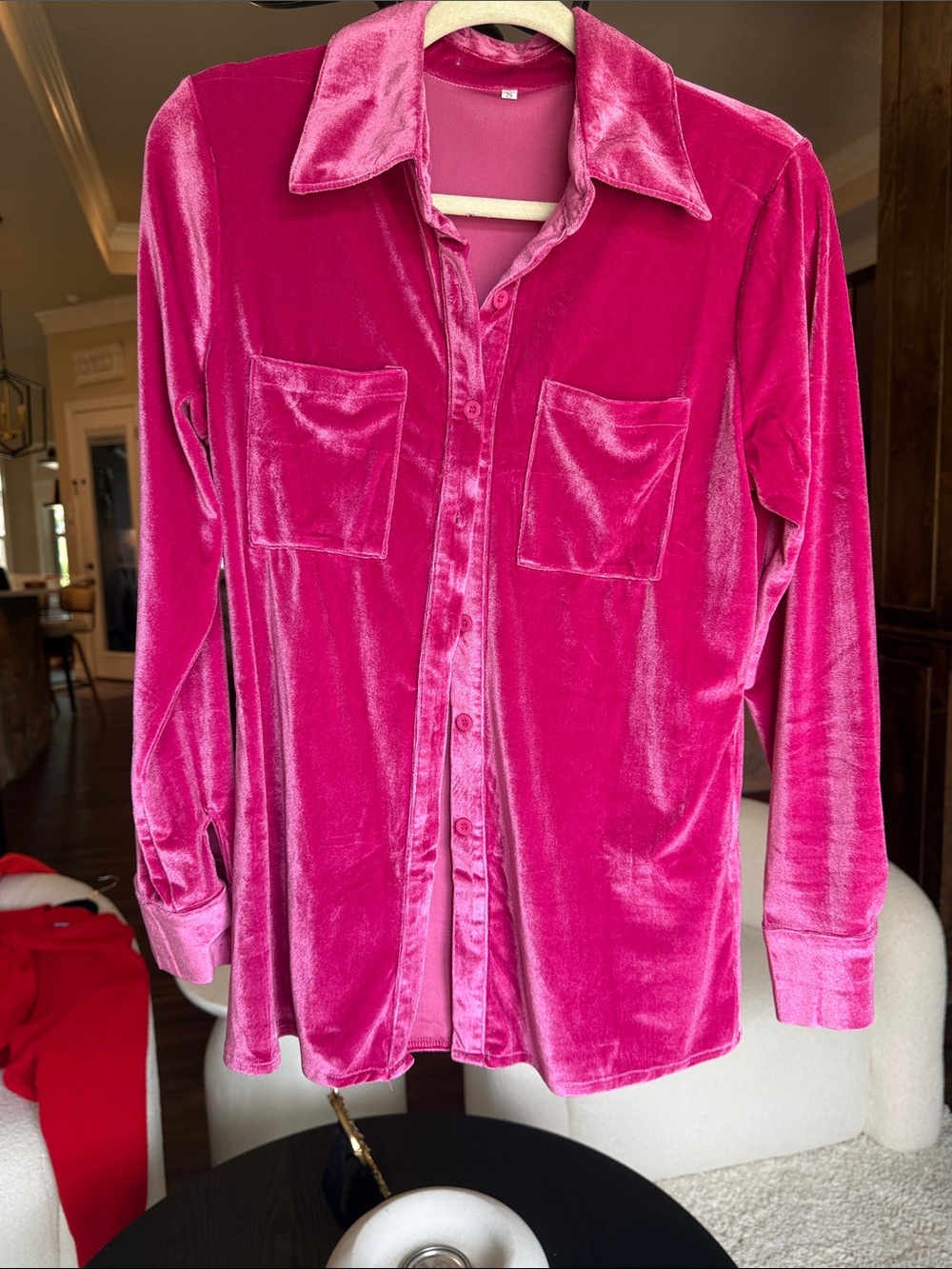 Bright Fuchsia Velvet Button-Up Shirt